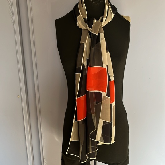 Vintage Echo Modern Geometric Sheer Silk Long Silk Scarf  Black, Gray, Red - Picture 6 of 9